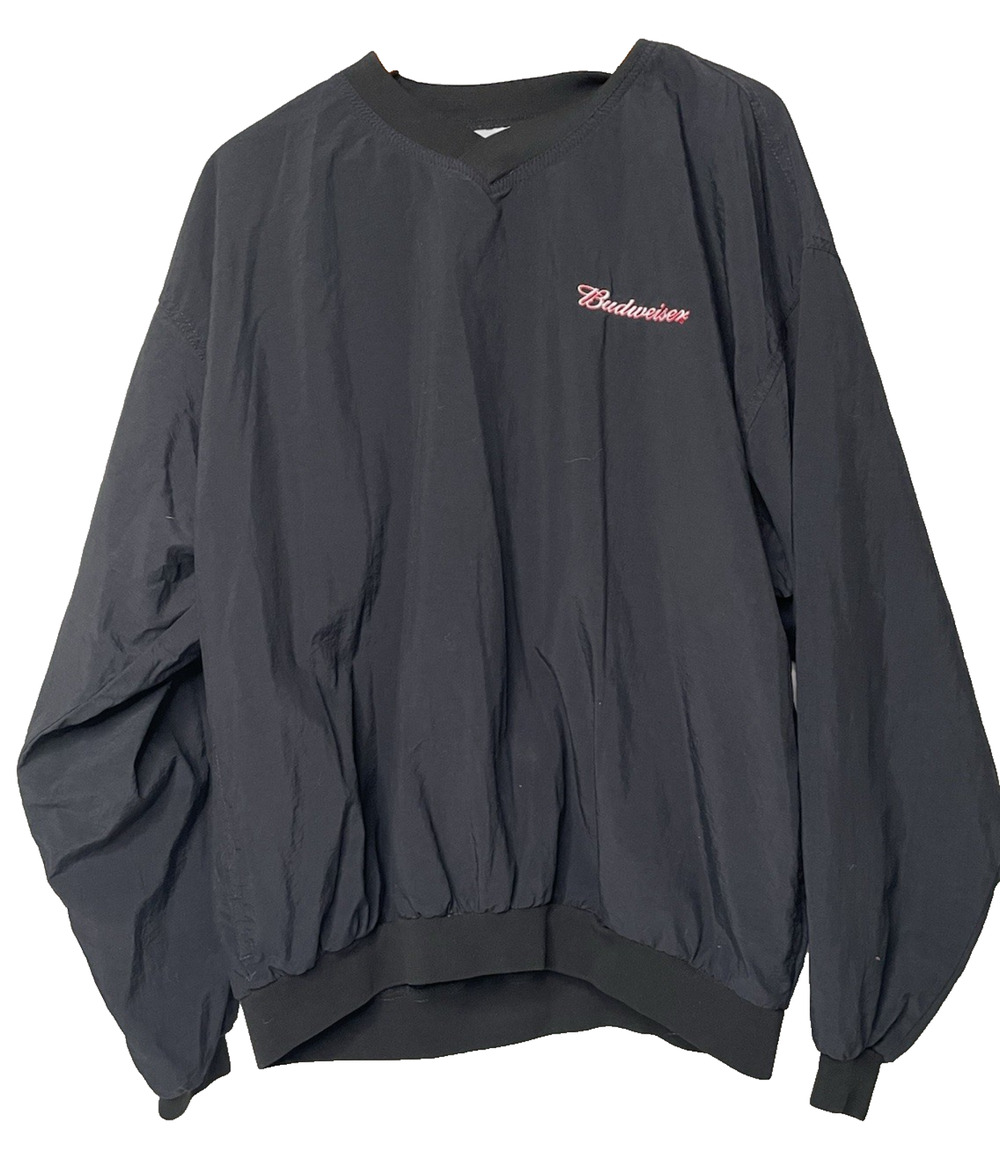 Vintage Budweiser Embroidered Pullover Windbreaker Jacket Black XL Beer Promo Cr